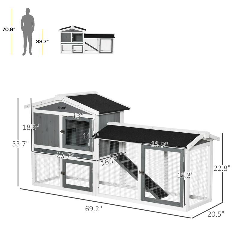PawHut 69" Rabbit Hutch, Wooden Bunny Hutch, Guinea Pig Cage, Small Animal Enclosure with Run Area, Removable Tray