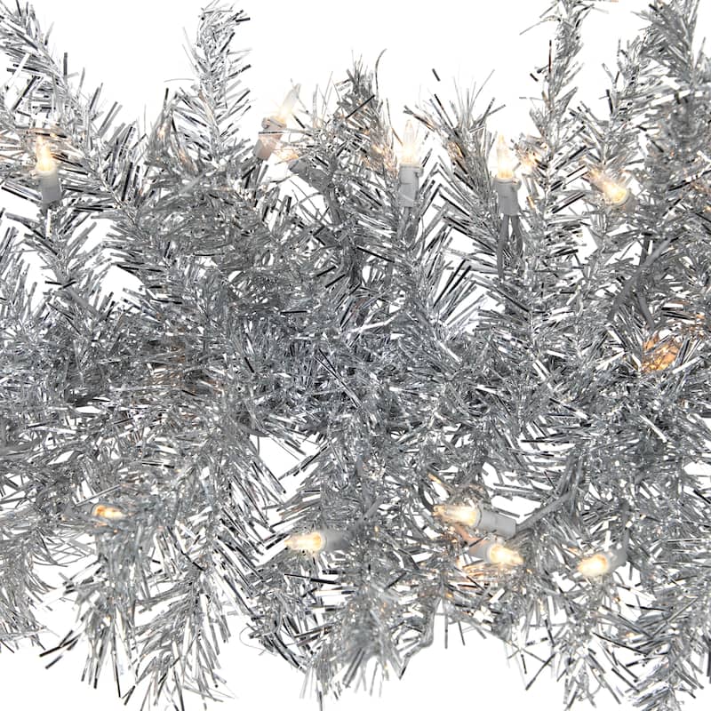9' x 12" Silver Tinsel Artificial Christmas Garland, Clear Lights