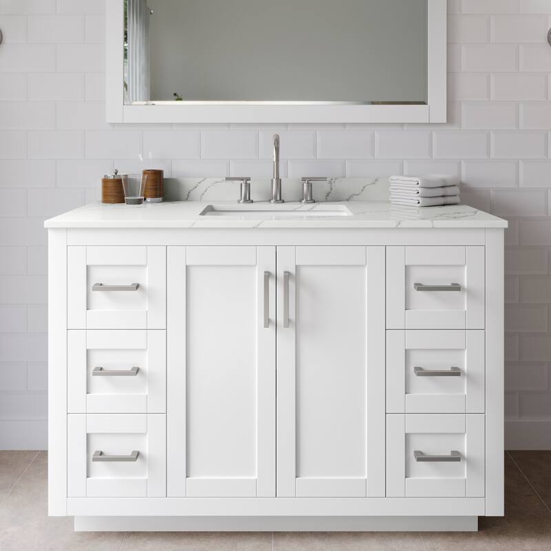 Wyndham Collection WCF292948S-QTZ-US3MXX Miranda 48" Free Standing - White / Giotto Quartz Top / Brushed Nickel