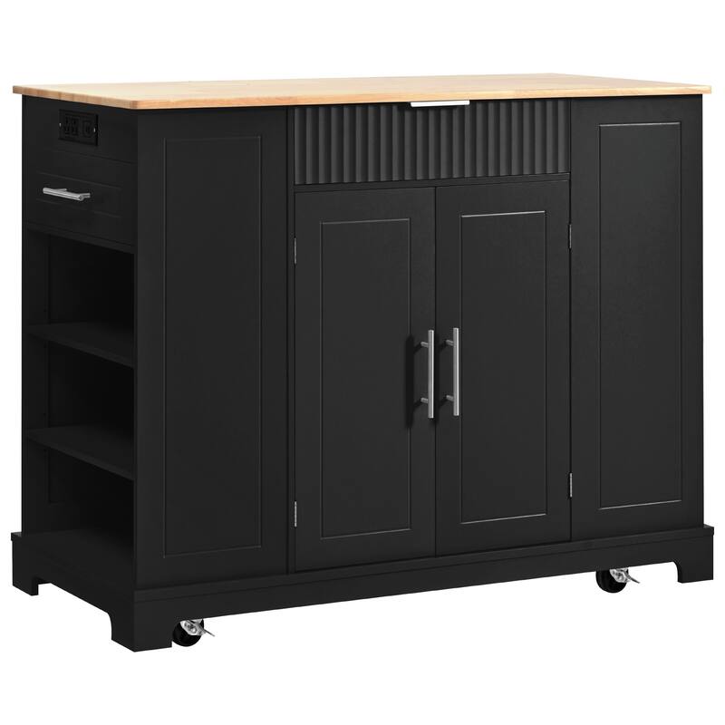 Fluted Rolling Kitchen Island with Trash Can Storage Cabinet,Power Outlet,5 Wheels