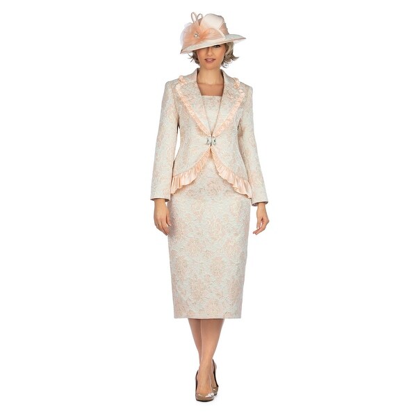 Giovanna Signature 2pc Metallic Brocade Satin Ruffled Skirt Suit. Opens flyout.
