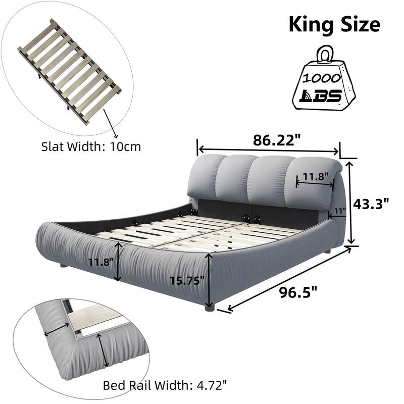 Grey King Size Luxury Upholstered Platform Bed with Oversized Padded Backrest and Solid Frame