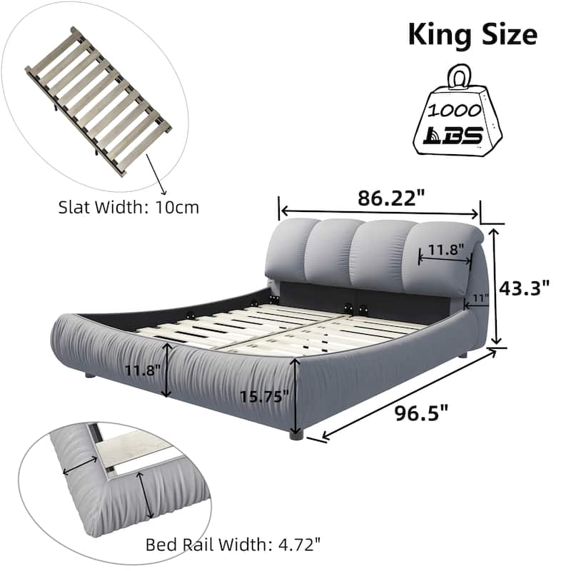 King Size Upholstered Bed Frame with Extra-Wide Cushioned Headboard, Solid Pine Slats & Adjustable Mattress Height