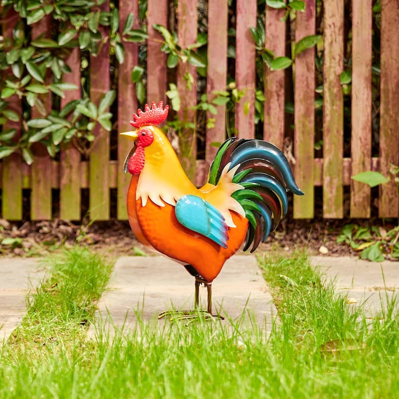 21"H Metal 3D Vibrant Standing Rooster Garden Statue by Glitzhome