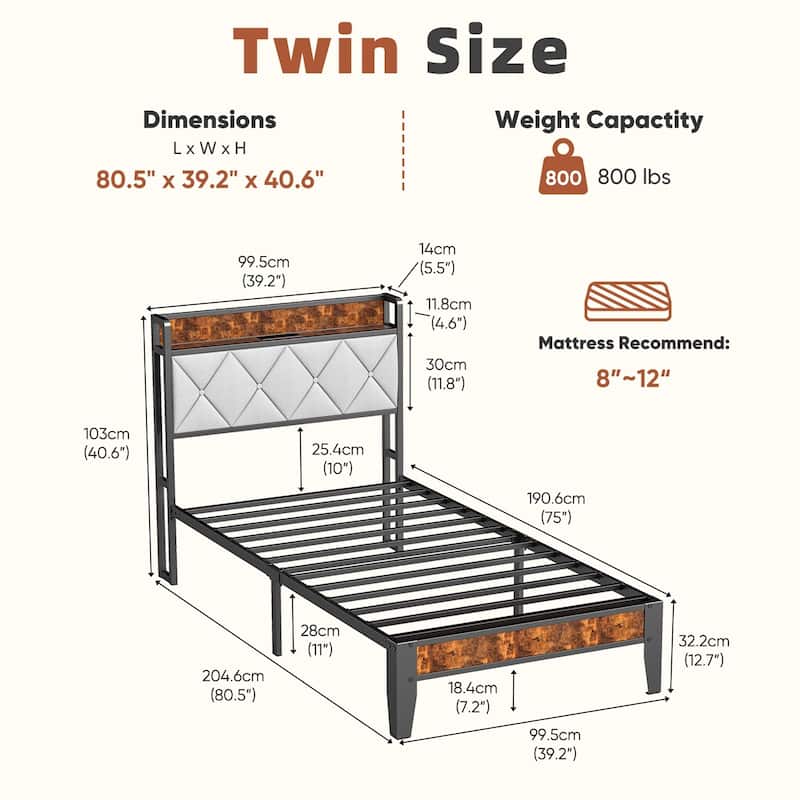 King Size Bed Frame with Charging Station and Storage Shelf, Metal Platform Bed with Headboard, No Box Spring Needed