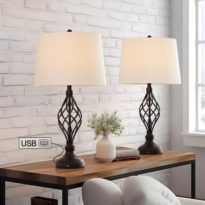 Dark Bronze USB Table Lamps with White Linen Shades (Set of 2) - 28in
