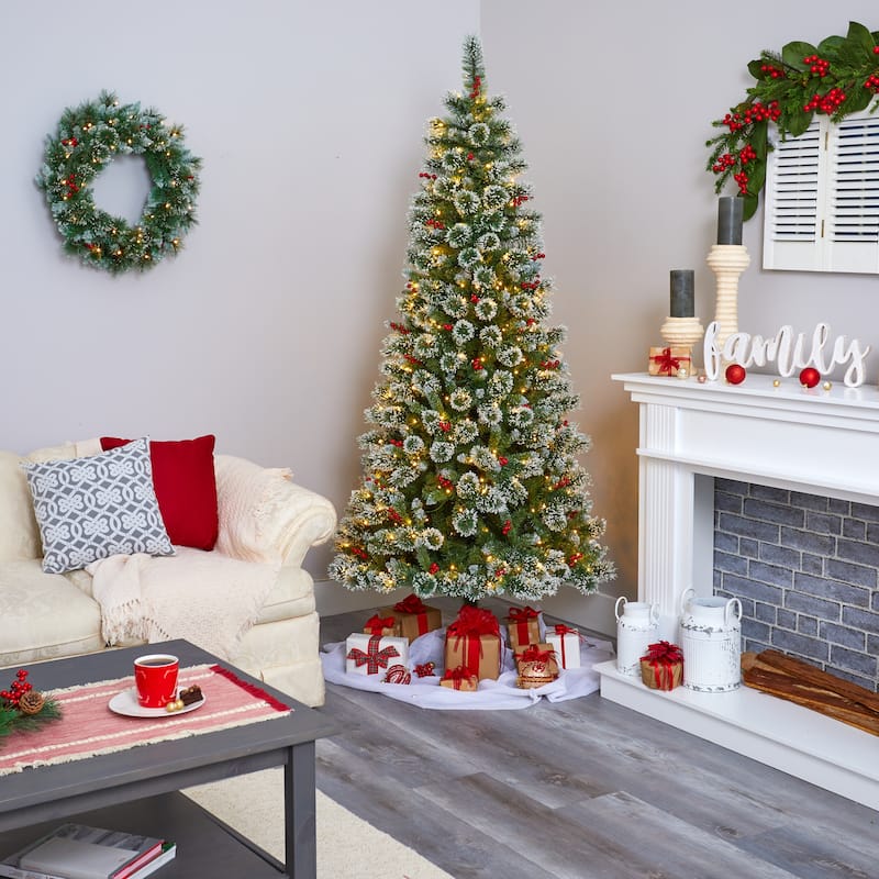 7' Frosted Swiss Pine Christmas Tree with 400 Clear LED Lights - Green