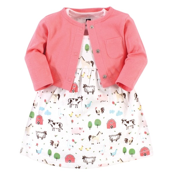 slide 1 of 1, Hudson Baby Toddler Girl Cotton Dress and Cardigan 2pc Set, Farm Animals 2T - Farm Animals
