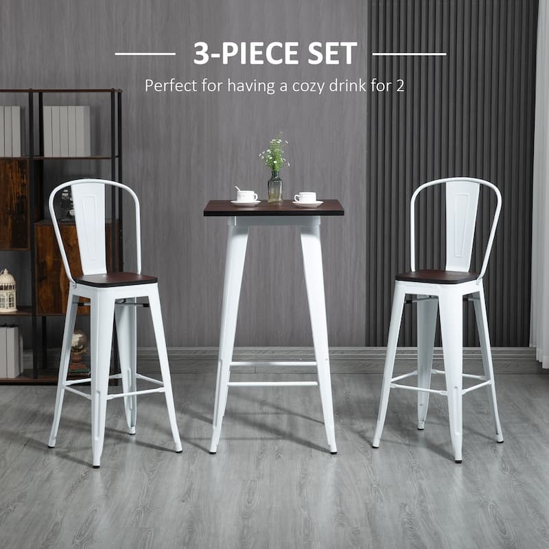 HOMCOM 3 Piece Bar Table Set with 1 Table, 2 High Back Chairs and Metal Frame with Footrests for Home