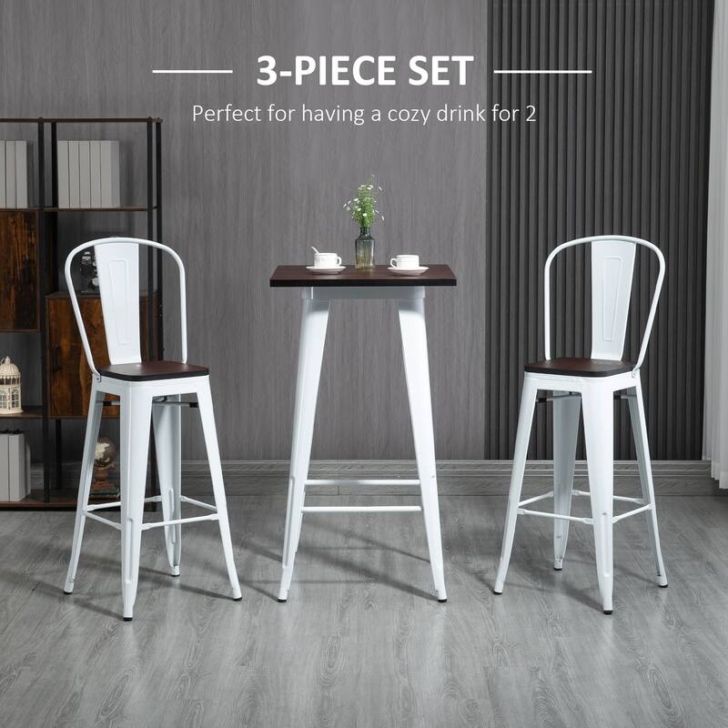 Small Space 3-Piece Bar Table Chair Set with Brown Wood Tabletop and White Steel Frame - 23.5" W x 23.5" D x 41.25" H
