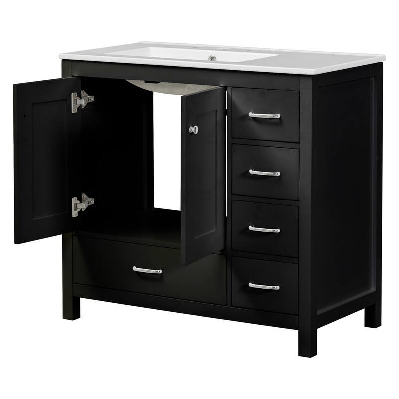 36'' Bathroom Vanity with Ceramic Sink Combo, Modern Bathroom Vanity Cabinet with 2 Soft Close Doors and 5 Storage Drawers