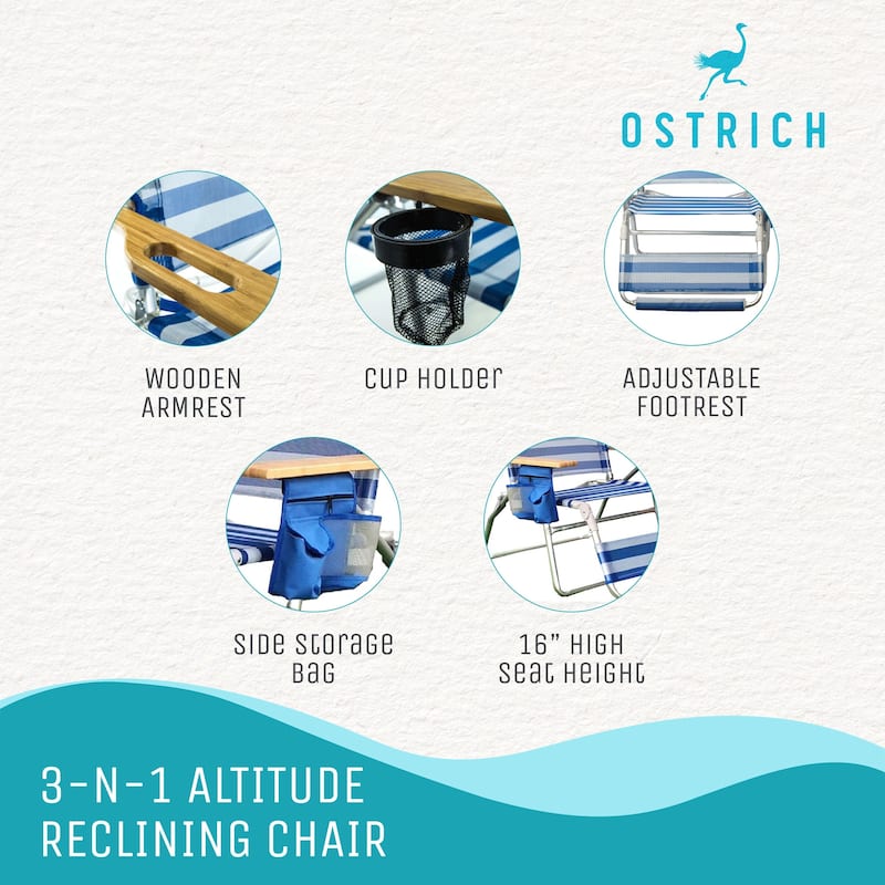 Ostrich Altitude 3N1 High Back Outdoor Beach Lounge Chair with Footrest, Stripe - N/A
