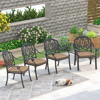 Stacking Patio Dining Armchair with Brown Cushion (Set of 4)