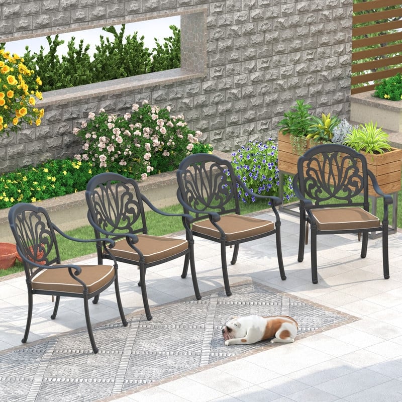 Stacking Patio Dining Armchair with Brown Cushion (Set of 4)