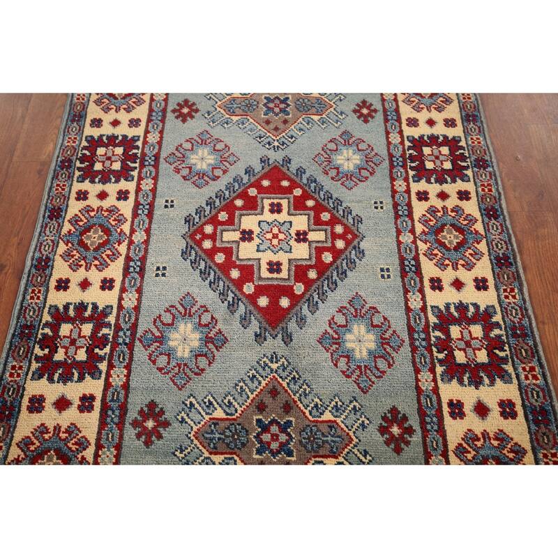 Light Blue Geometric Kazak Accent Rug Hand-Knotted Wool Carpet - 2'7" x 4'3"