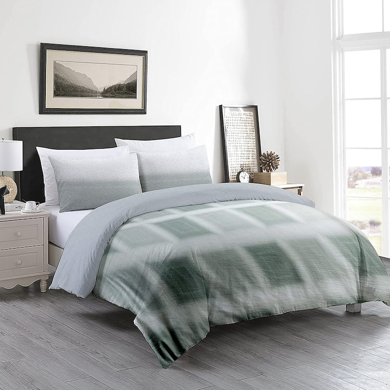 Delara GOTS Certified 100% Organic Cotton Check Reversible Print Duvet Cover and Sham Set of 2, Green