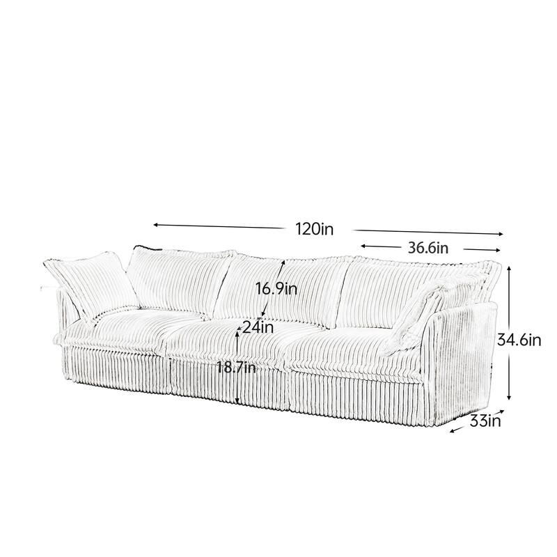 120" Corduroy 3-4 Seater Sofa with Big Pillows for Living Room