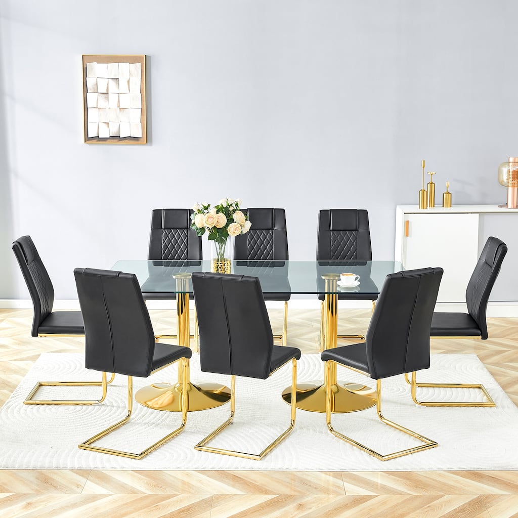 Rectangular Dining Table Set for 6-8 People, Modern Glass Table with Faux Leather Chairs