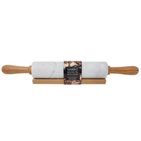 Spigo Marble Rolling Pin with Wooden Handle and Stand, White-Gray, 18x2 Inches - 18x2 Inches