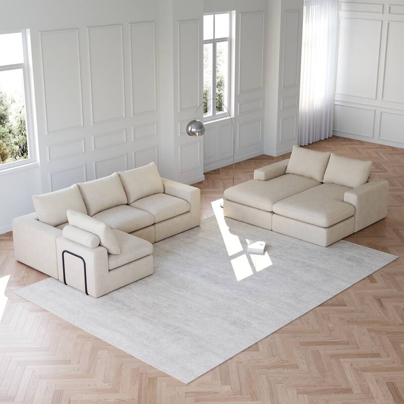 Corduroy Cloud Sectional Sofa with Chaise – L-Shaped Modern Upholstered Sofa - 6 Seat