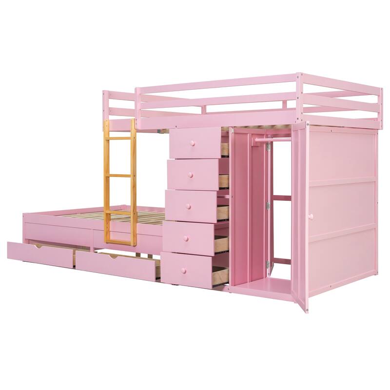 Roomfitters Full Size Bunk Bed with Drawers and Mini Wardrobe, Solid Wood