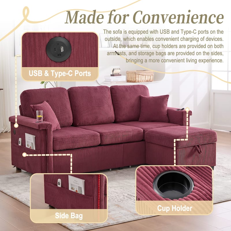GDFStudio - Elara Harmony Modern L-Shaped Sectional Sofa with USB Charging, Cup Holde for Living Room & Apartment