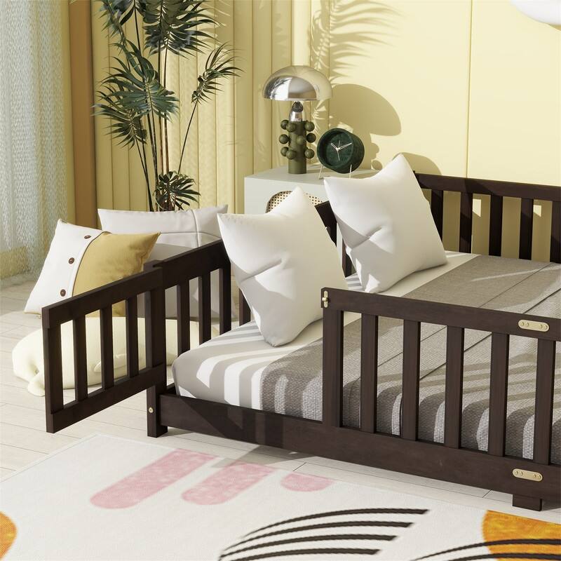 Twin/Full/Queen Size Floor Bed with Fence Guardrails and Door, Rubber Wood Toddler Bed Montessori Bed with Slats Support