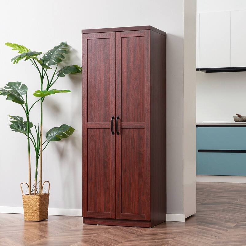 63" 2-Door Kitchen Pantry with 5-Tier Shelving and Adjustable Shelves - Brown