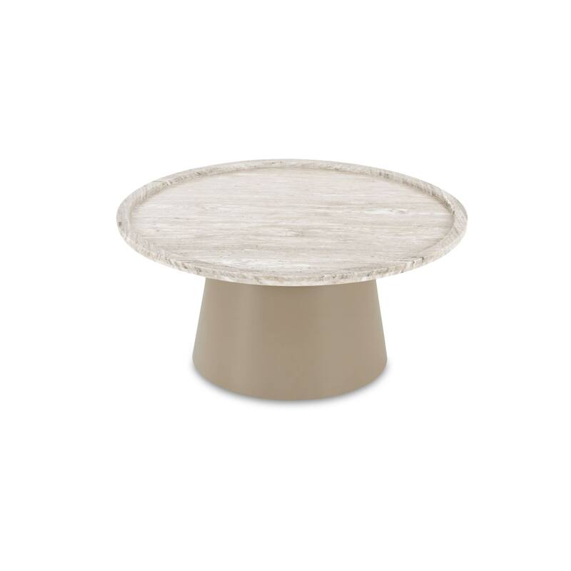 NADAAL STUDIOS Elunara Coffee Table, Round Antique White Marble Tray Top, Pedestal Iron Base, Compact Size, White