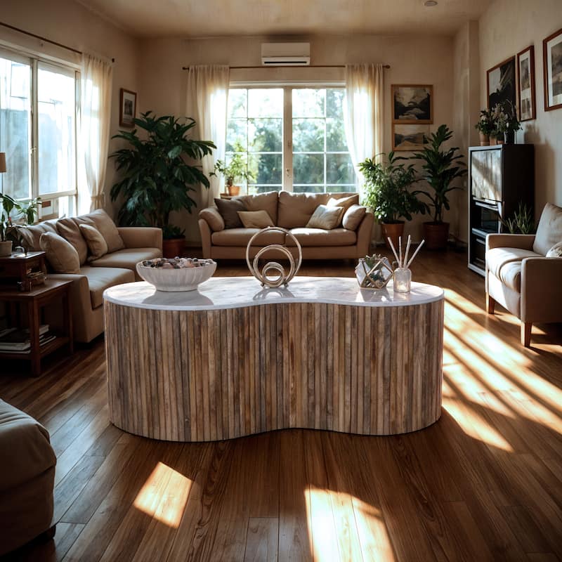 48" Curved Mango Wood Coffee Table with White Banswara Marble Top
