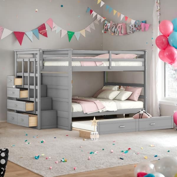 slide 2 of 13, Multifunction Full Over Full Elegant Bunk Bed with Twin Size Trundle and Staircase, Gray Gray