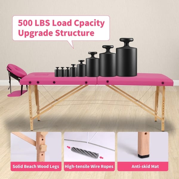 YKITRD 84 Massage Table, Portable 2/3 Folding SPA Bed with Carry Case, Wood Frame, 22-32 Height Adjustable, 496LBS Weight Capacity Massage Bed​,Pink