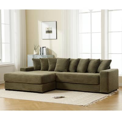 Green 111" Corduroy L-Shaped Sectional Sofa with Left Chaise & 8 Pillows