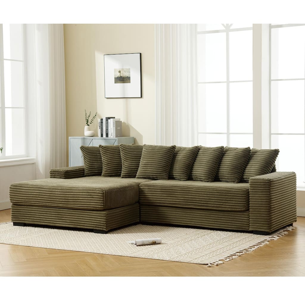 Green 111" Corduroy L-Shaped Sectional Sofa with Oversized Left Chaise