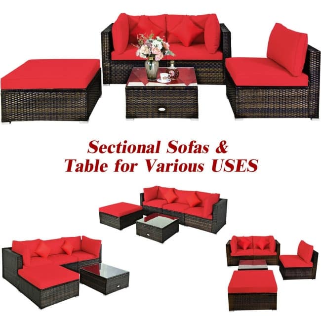 5 Pcs Outdoor Patio Rattan Furniture Set Sectional Conversation with Cushions - 29.5'' x 29.5'' x 25.5'' (L x W xH)