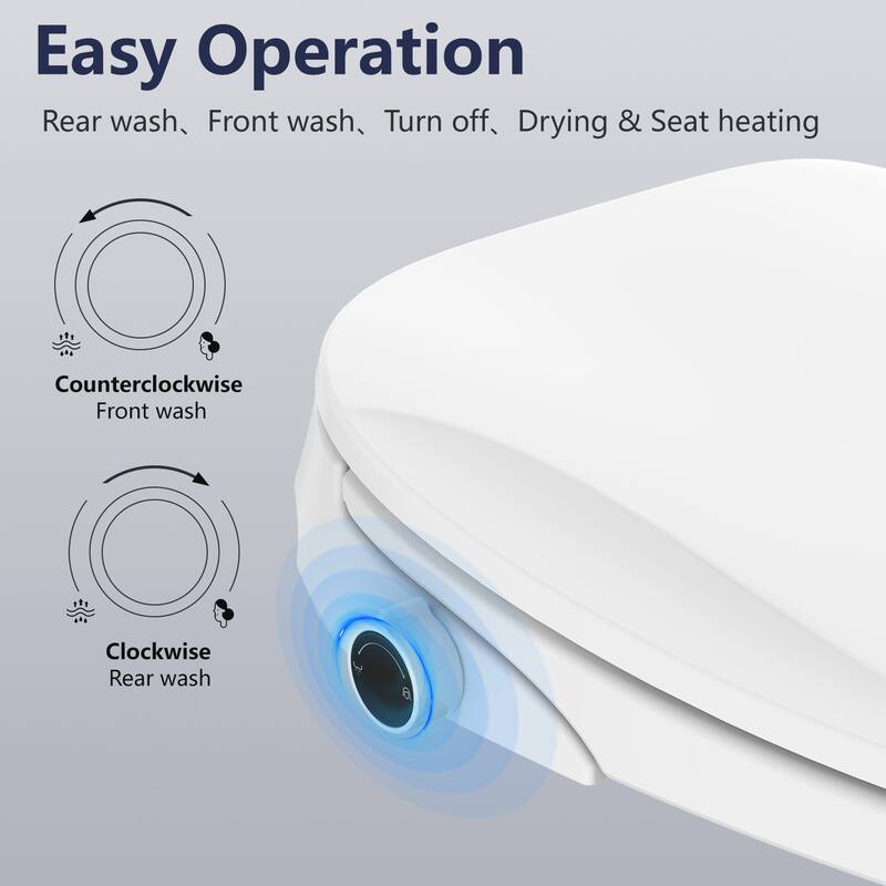 Smart Bidet Toilet Seat with Side Control Knob & Buttons, Heated Seat, Warm Water & Air Dryer, LED Nightlight, Elongated