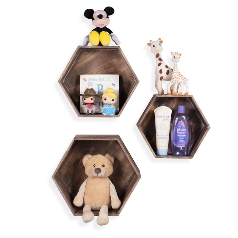 Rustic State Wall Mount Hexagon Wooden Box Shelf Varying Sizes - Pack of 3