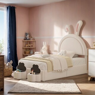 Upholstered Rabbit-Shape Bed with 2 Storage Stools,Velvet Platform Bed