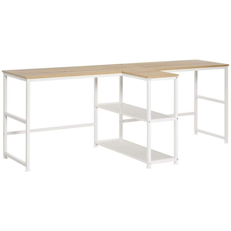 Double Workstation Desk with Storage Shelves Two Person Computer Table with Steel Frame for Home Office Study Room - White