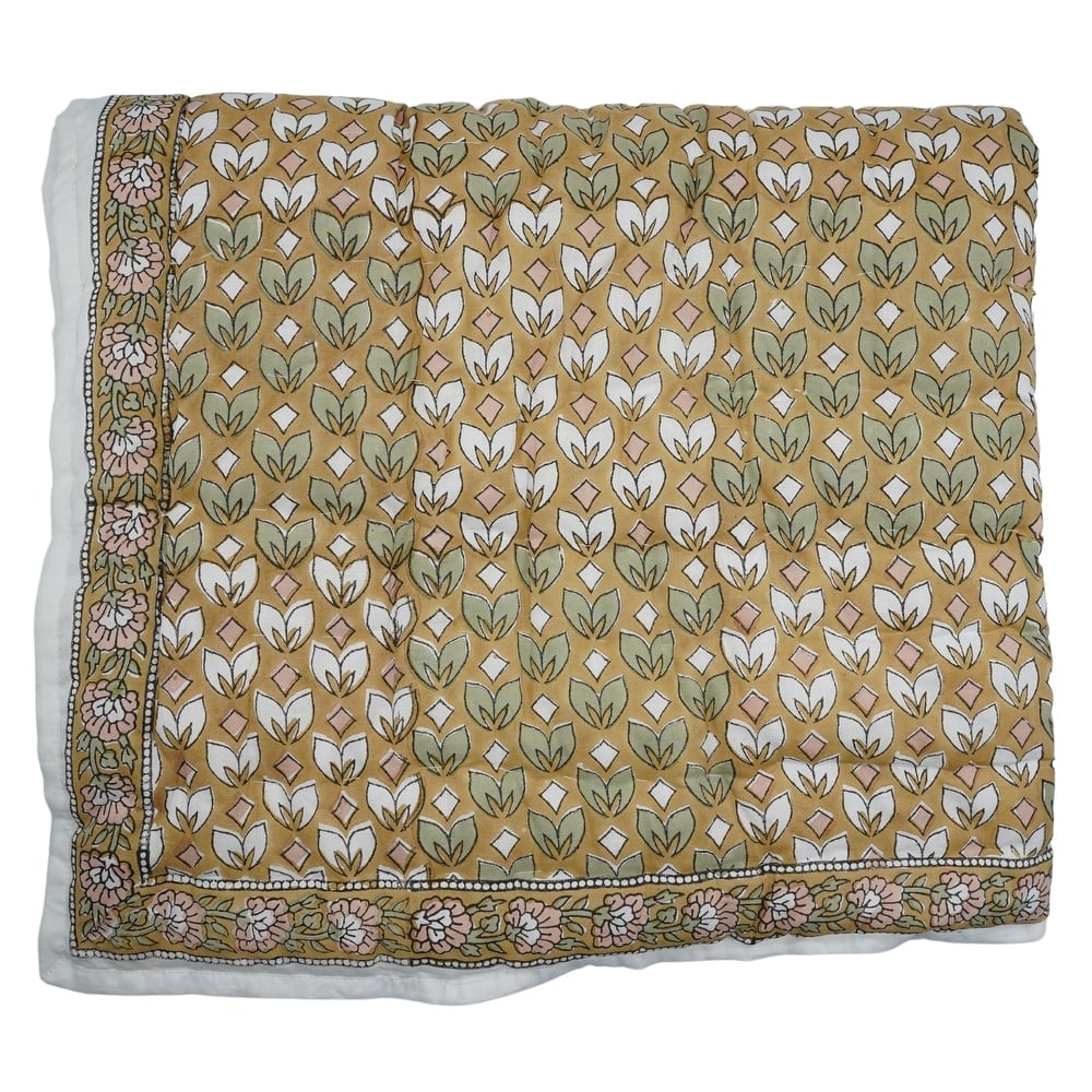 Fabdivine Floral Hand Block Print Cotton Mustard Quilt - Bohemian Bedroom Decor, Titli, Soft & Lightweight Handmade Bedspread