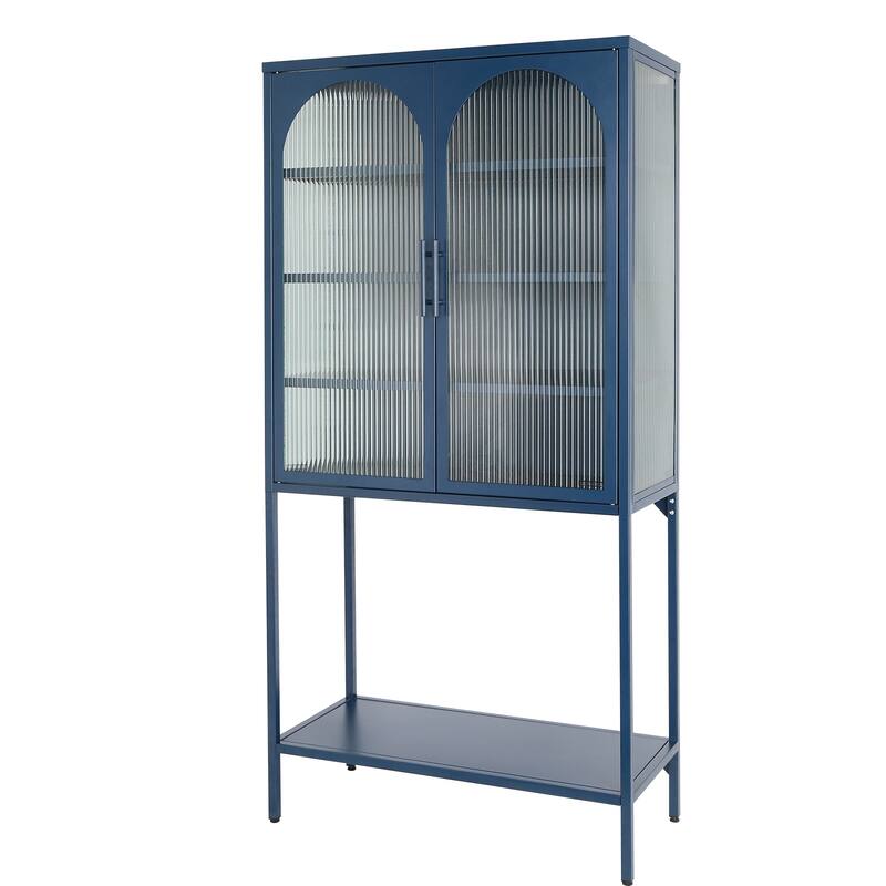 Elegant Floor Cabinet with 2 Glass Arched Doors Living Room Display Cabinet with Adjustable Shelves Anti-Tip Dust-free
