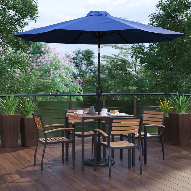 35" Square Faux Teak Patio Table, 4 Chairs and 9FT Patio Umbrella with Base - Navy