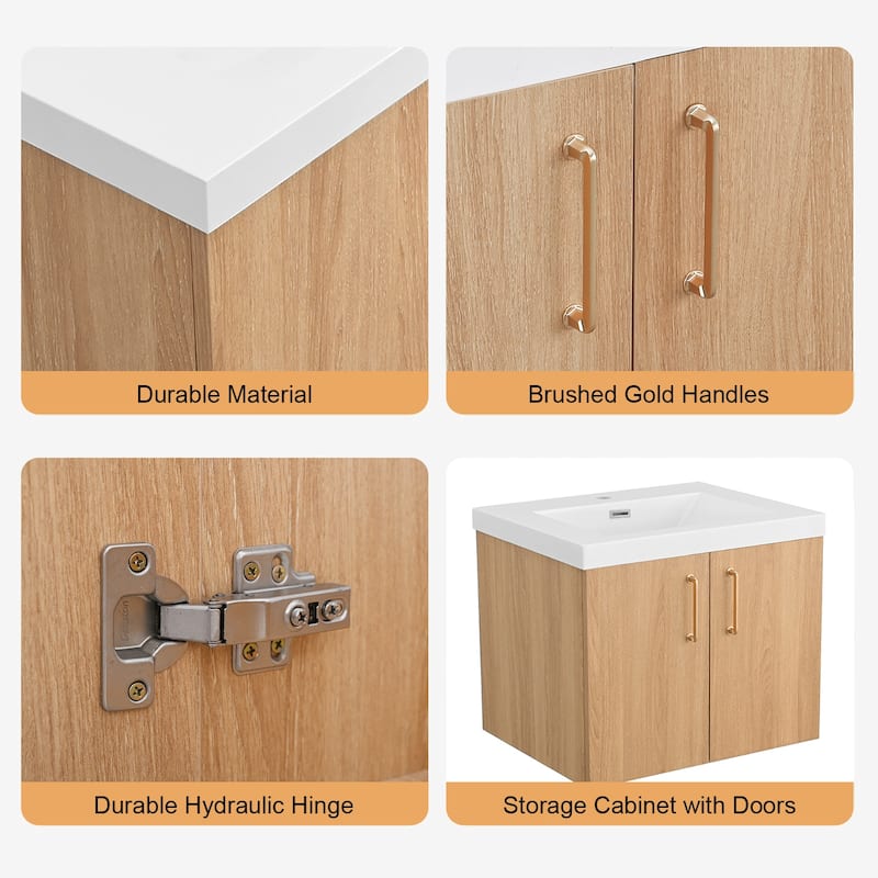 Prismella 24" 30" Wall-Mount Bathroom Vanity in Oak with Top