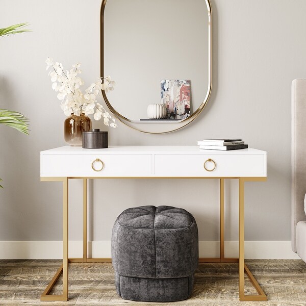 BELLEZE 2-Drawer Computer Desk Table, Wood & Metal, White & Gold - standard. Opens flyout.