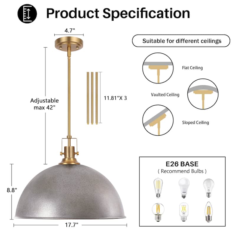 Modern Industrial 1-Light Dome Metal Pendant Light for Kitchen Island