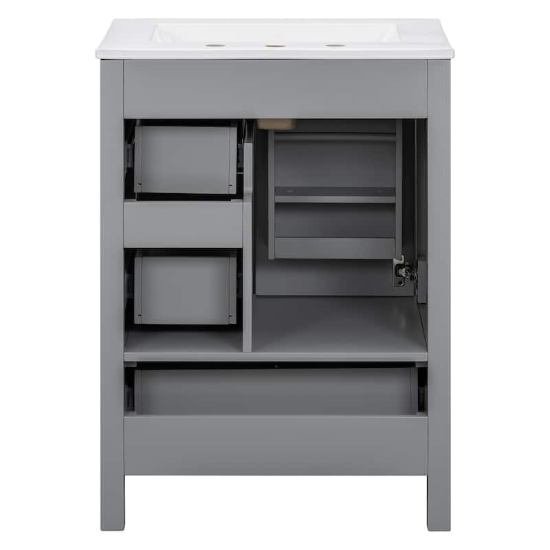 Modern 24-inch Bathroom Vanity with Ceramic Sink, Soft-Close Door, Double-Layer Door Shelf, and 3 Drawers