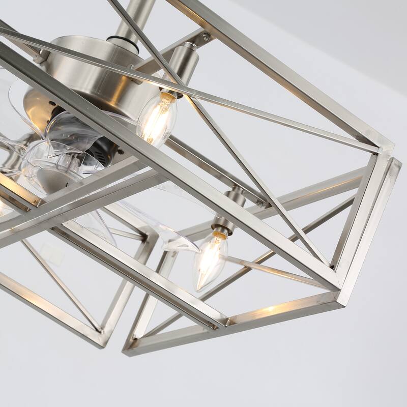 20" Cube Chrome Steel Caged Ceiling Fan with Lights, 4-bulb Modern Caged Pedant Lights Ceiling Fan, Fandelier Remote Control