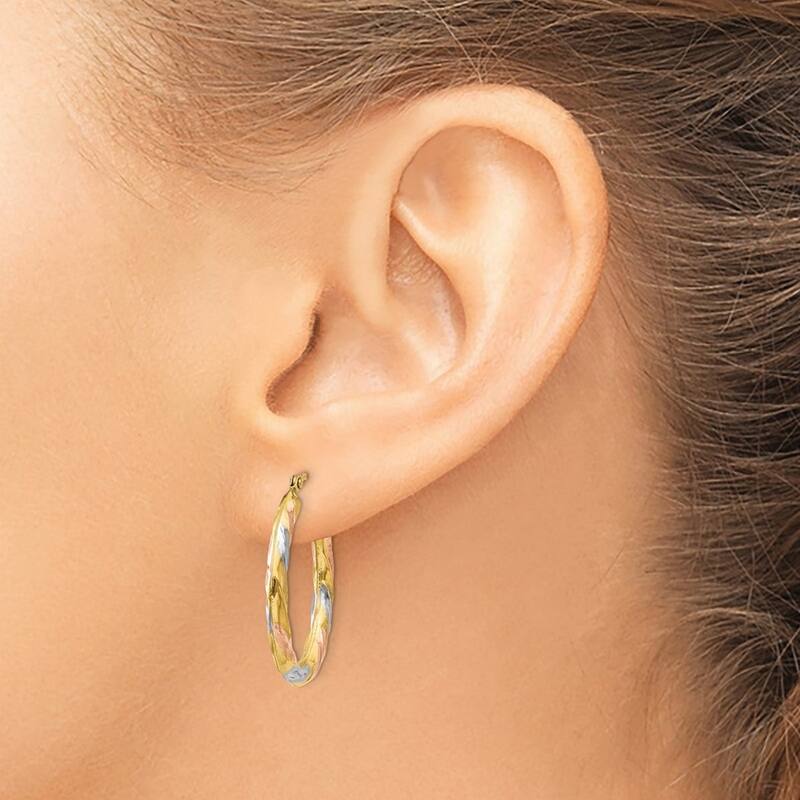Curata 14k Tri-color Gold 24mm Oval Swirl Hoop Earrings