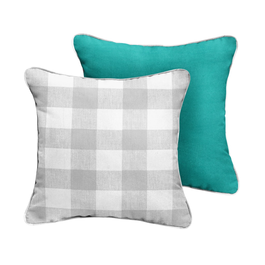 Aqua Blue with Grey and White Check Indoor/ Outdoor Pillows (Set of 2)