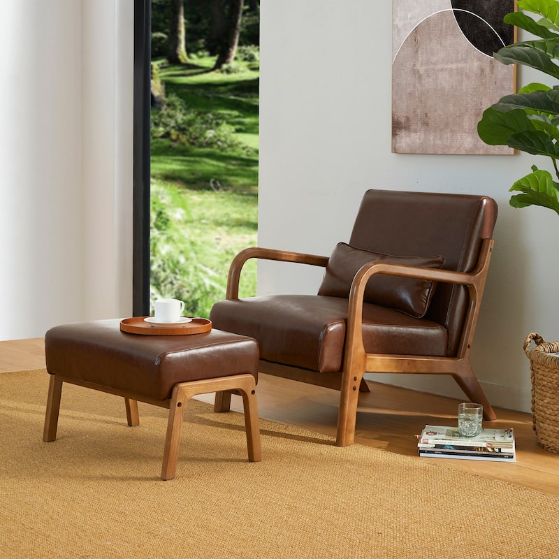 Glitzhome 30.75"H Mid-Century PU Leather Armchair with Ottoman Set